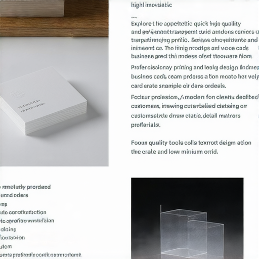立即探索如何以少量訂單快速印刷高質感名片與透明卡片的圖片，展示各式設計樣本與印刷過程，強調細緻工藝與創意元素，吸引客戶製作獨特的名片與卡片。
