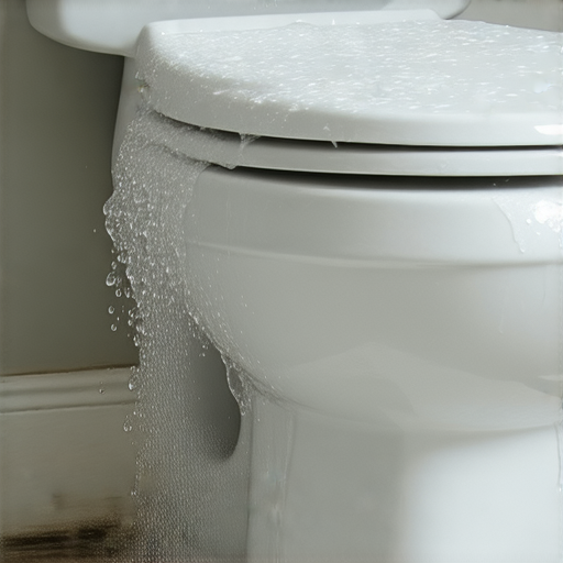 圖片顯示漏水的廁所，水滴從馬桶底部滲出，牆面受潮。標題解釋為什麼廁所經常漏水，提供解決方案，提醒立即採取行動以避免更嚴重的水損問題。