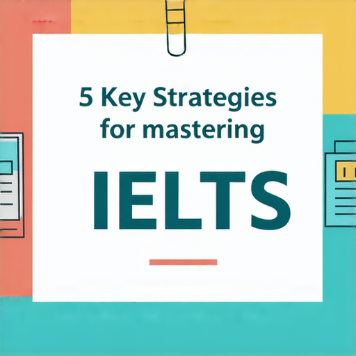 掌握IELTS秘訣的圖片，展示五大策略助學習者提升分數，讓考生成功之路更加順利，包含筆記、考試準備和學習資源的視覺元素。