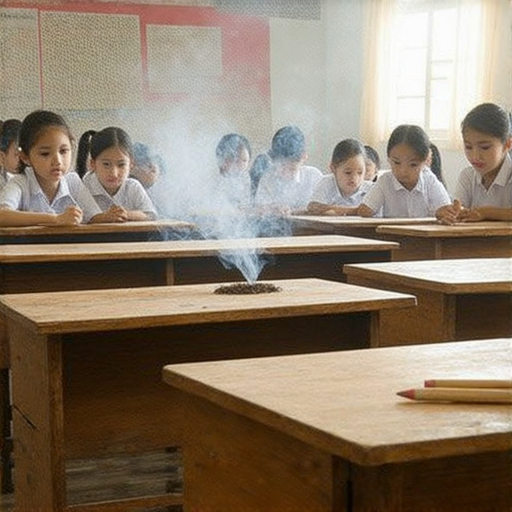 探索線香的奧秘，外籍老師引領英文學習，學生專注於課堂，線香散發柔和香氣，語言之旅充滿靈感與文化交流。