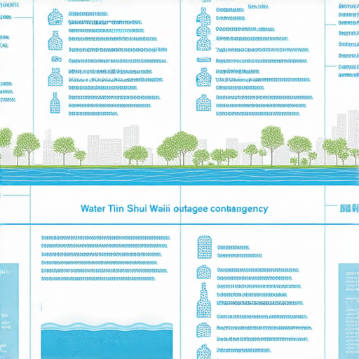 天水圍停水事件應對策略圖，展示48小時內的應變措施，包括水源收集、應急箱準備及替代水源資訊，強調如何有效應對停水帶來的困擾。