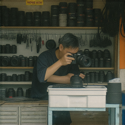深水埗相機維修店內景，專業技師正在檢查相機，展示各種維修工具與設備，象徵著超實用技巧及旺角最佳推薦的維修服務。