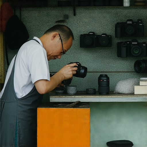 深水埗與旺角的相機維修店內景，維修技師專注檢查相機故障，工具整齊排列，展示專業技能，幫助攝影愛好者迅速解決相機問題，獲取維修秘訣。