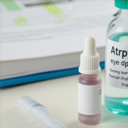 阿托品滴眼液的細節，強調其在眼科治療中的重要性，背景為無障礙教學環境，吸引學習者預約外籍英文老師的視覺素材。