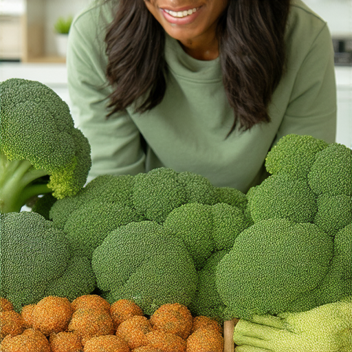 外籍英文老師與學生一起探索綠花椰菜的健康益處，桌上擺放著新鮮的綠花椰菜，以及美味的料理，呈現健康飲食的魅力，促進美食與健康的結合。