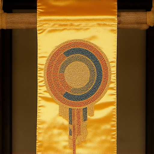 榮耀象徵的錦旗展現獨特訂製設計，色彩鮮豔，刺繡細緻，彰顯成就與榮耀，且背景為典雅的室內環境，完美詮釋如何訂製獨一無二的錦旗。