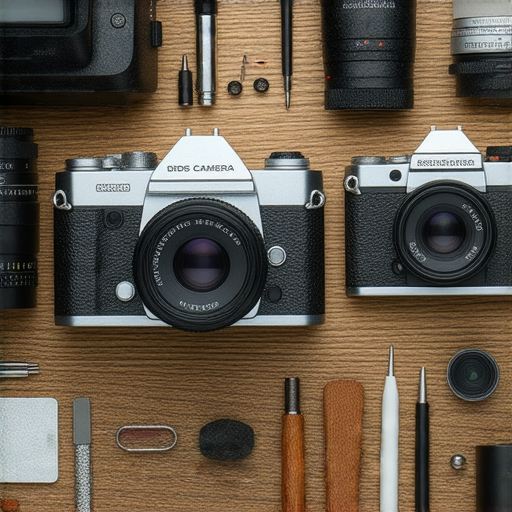 揭示相機修理技巧的圖片，包含各種工具和舊相機，展現維修過程與步驟，讓舊相機重獲新生，適合攝影愛好者學習和參考的修理秘訣。