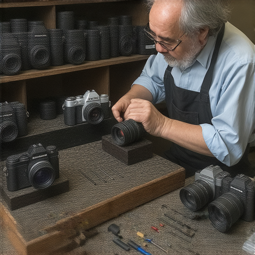 舊相機維修過程中，技術人員專注地檢查和修復相機部件，展示頂尖維修中心的神奇修復秘訣，為舊相機重生提供專業支持。