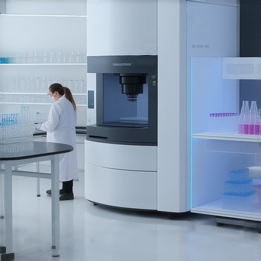 流式細胞儀展示最新技術的實驗室場景，研究人員專注於分析細胞，旁邊是一對一外籍英語學習的教材與設備，探索科學與語言學習的結合。