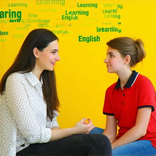 一位外籍老師正在與學生一對一對話，學生專注聆聽，背景為英語學習標語，傳達出破解英文學習難題的決心，飢餓感無法阻擋！