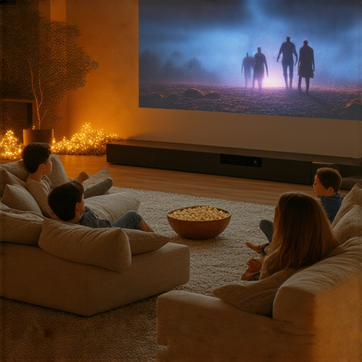 家庭客廳內的投影儀，投影著精彩的電影畫面，圍繞著舒適的沙發，展現出升級的家庭娛樂體驗，揭開投影儀的秘密，讓全家共享視聽盛宴。