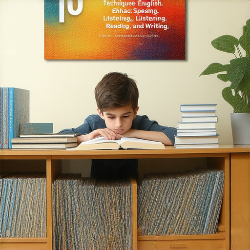 一名學生專注學習英文，周圍有書籍和筆記，標題顯示掌握十個技巧提升英文聽說讀寫能力，強調提高語言技能的重要性和實用性。