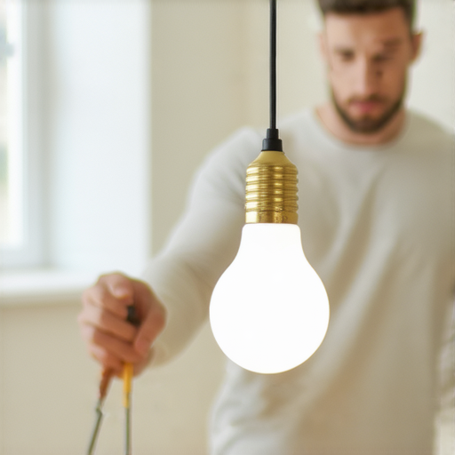 換上新 LED 燈的過程，手握工具輕鬆更換燈泡，明亮的新燈光照亮房間，帶來清新舒適的空間感，立即提升居家環境美觀。