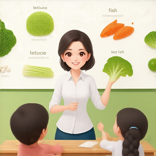 生菜與魚肉的英文學習圖，外籍老師指導學生輕鬆掌握食材名詞，背景為食材示例，傳遞學習英語的樂趣與互動。