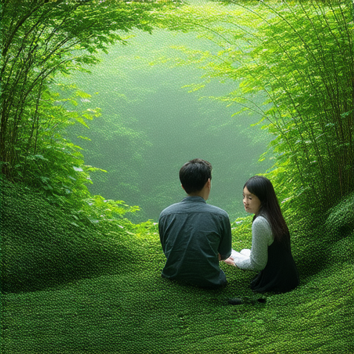 一位外籍英文老師與學生進行一對一的英語教學，背景是生機盎然的綠色植物，展示綠化的力量與學習環保意義的主題。