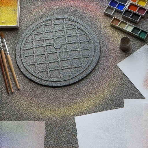 一名藝術家在創作獨特的manhole backdrop，桌上擺滿畫具和顏料，背景展示著各種設計靈感，展現不一樣的manhole backdrop製作秘訣，激發創意與藝術表達。