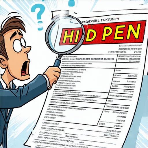 揭示收費秘密的圖片，展示各種隱藏費用如手續費和管理費，讓消費者驚訝不已，提醒大家在選擇服務時注意這些額外收費，強調透明消費的重要性。