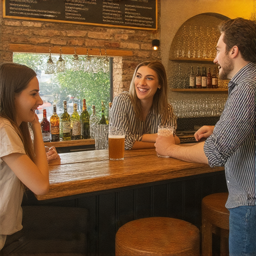 探索酒館英文學習，與外籍老師進行一對一溝通的場景，展示學生與老師互動，自信開口，快樂學習英語，提升口語能力，暢遊酒吧文化。