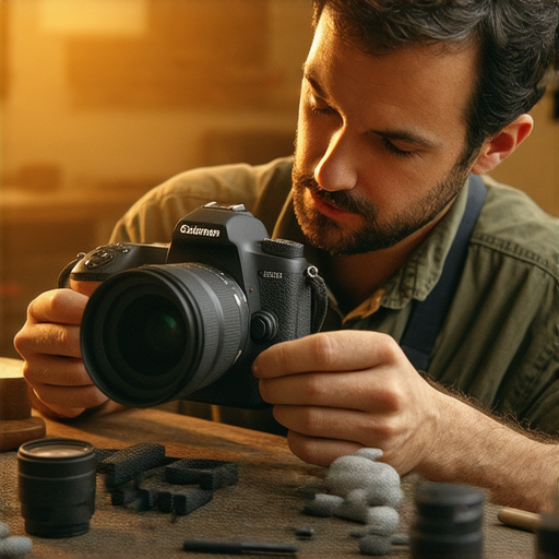 大角咀相機維修專業技術人員正在檢查一台相機，周圍擺放著工具與配件，展現重獲新生的維修過程，吸引攝影愛好者探索相機保養知識。