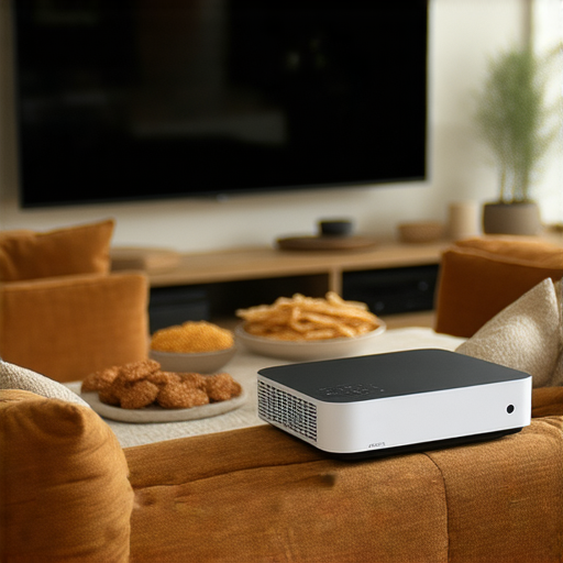 小型投影機展示在居家環境中，讓觀眾沉浸於Netflix之夜的高清畫面，周圍擺放舒適沙發和零食，完美呈現家庭娛樂的驚喜氛圍。