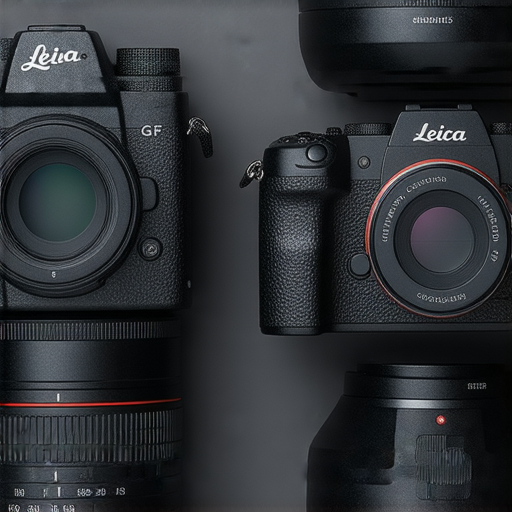 兩台Leica相機與GFX攝影器材並排擺放，展示出高端攝影設備的魅力，光影交錯下的藝術感，適合探索極致攝影的影迷與專業攝影師。