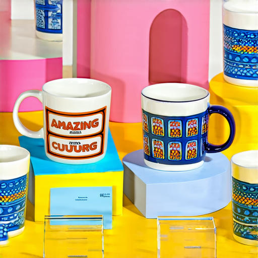 個性化印刷陶瓷杯與透明卡的展示，色彩鮮豔的設計，呈現獨特風格與創意，適合禮物與個人使用，展現驚人可能性，吸引顧客目光。