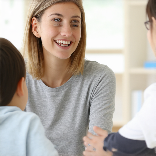 一位外籍老師與學生進行一對一英語教學，生動的互動中，學生專注學習，讓學習英語如同捕魚般簡單流暢，提升語言能力。