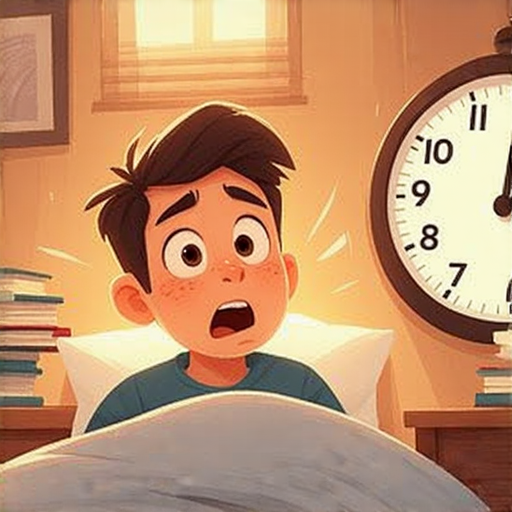一位青年在床上驚醒，表情驚訝，背景有時鐘和書本，強調學習實用英文的重要性，讓生活不再錯過精彩瞬間，適合睡過頭者的正能量提議。