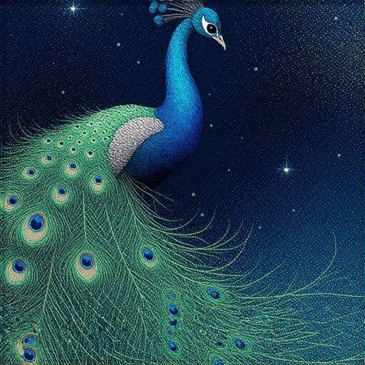 孔雀翱翔於星空之下，璀璨的色彩象徵夢想與安眠藥的神秘力量，探索如何實現夢想中的人生，啟發人心的幻想與勇氣。