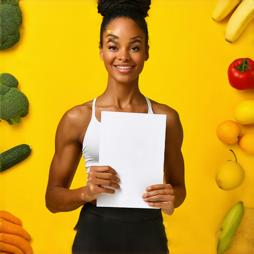 一位自信的人在健身房中運動，同時手持演講稿，展現如何在減肥與演講中達到清醒的狀態，表情滿意，背景有健康飲食的元素。