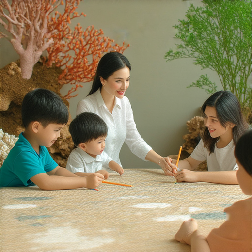 一位外籍老師正在教授學生提升英文，背景為珊瑚及玉的文物，學習環境輕鬆愉悅，讓學生受益於一對一的英語學習體驗，探索自然與文化的秘密。