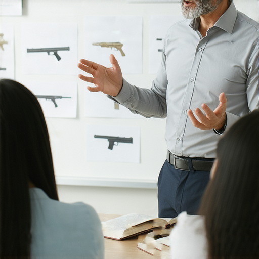 外籍老師一對一教學，學生專注於使用英文談槍械，畫面展示互動學習場景，強調專業對話技巧提升，創造安全的學習環境。