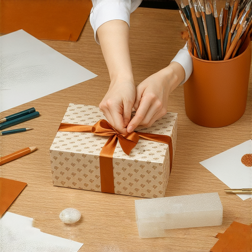 一位專業人士在設計工作室中，為企業客戶定製獨特禮品，突顯創意與品質，讓禮品成為驚喜的焦點，彰顯企業形象與客戶關係。