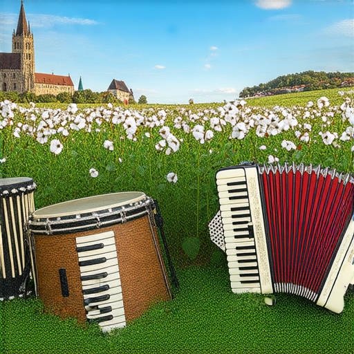 探索英文中涉及棉花、樂器及比利時的多元詞彙與文化的圖片，展示棉花田、傳統樂器和比利時風景，融合各國文化特色與豐富的語言表達，增進對這些主題的理解與欣賞。