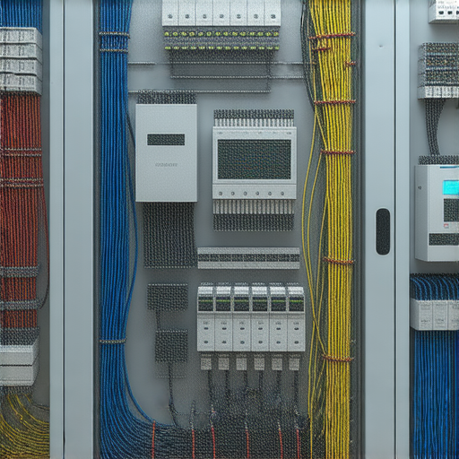 電箱內部展示，顯示各種電線配置、開關及安全裝置，搭配科技感十足的設計，揭示電箱的秘密和配置選擇，帶你探索電箱驚人的功能與用途。