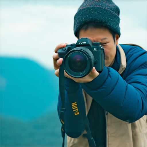 揭開攝影魔法的圖片，展示富士相機與鏡頭的完美組合，背景中有攝影師專注拍攝美麗風景，表現出創意與專業的攝影技術，突顯攝影裝備的魅力。
