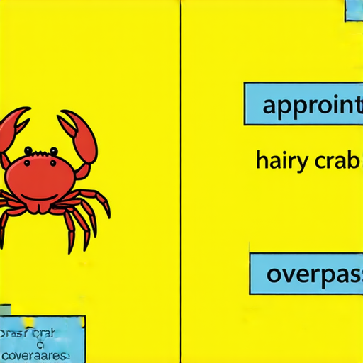 探索英文單字的意義與用法，展示大約、大閘蟹、天橋等生活詞彙，搭配相應圖片，幫助學習者了解詞彙的實際應用與意義，提升英文能力。