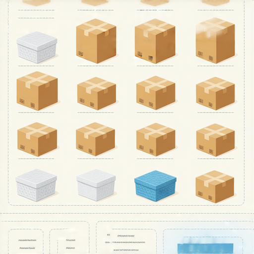 各種打包盒展示，包括紙箱+塑料盒+泡沫盒等，搭配使用技巧+提升打包效率的示意圖+適合各類商品的打包解決方案。