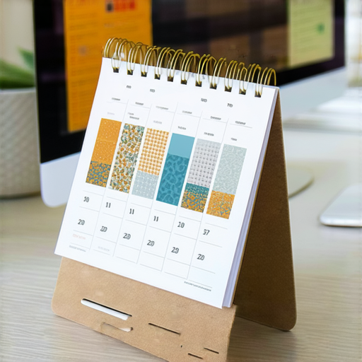自製精美月曆座檯的完成品，展示在整潔的桌面上，色彩鮮豔的設計與創意佈置，為工作空間增添生活氣息，提升辦公環境的美觀性與功能性。