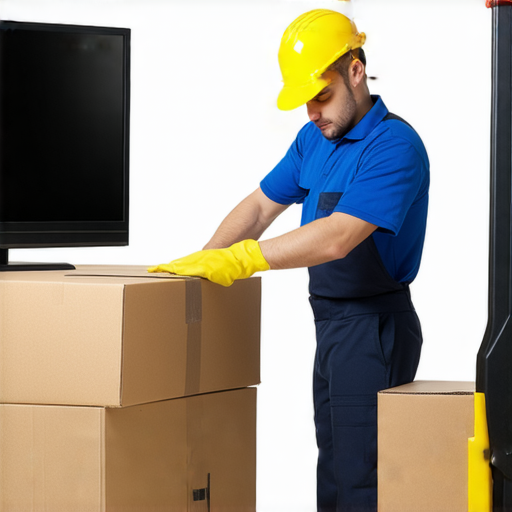 搬運工正在測量實惠電視和組合櫃的重量，揭示它們的搬運限制，顯示專業搬運工具和裝備，強調安全搬運的重要性，幫助消費者了解搬運需求。
