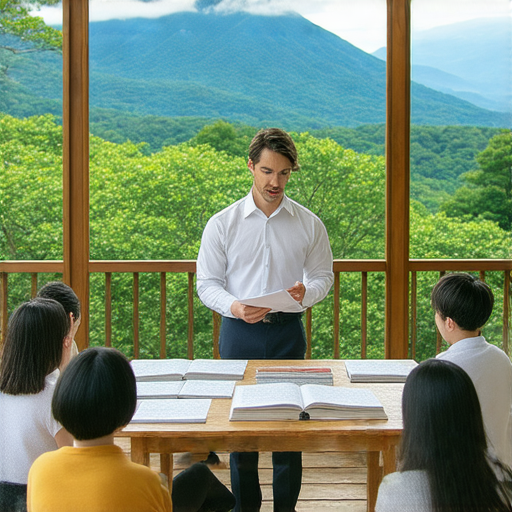 外籍英文老師在箱根教學情境，學生們專心學習英語，桌上有書籍和筆記，背景是箱根美景，展示提升英語技能的最佳環境。