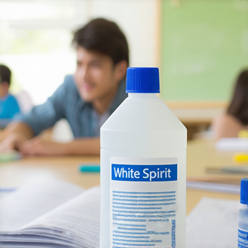 白電油的多種用途示例，包括清潔、去油污和維修工具，旁邊是外籍老師與學生一對一學習英文的互動場景，學生專心聆聽，教室裡充滿學習氛圍。