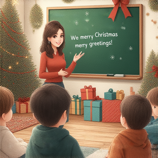 聖誕祝福英文教學插圖，展示外籍老師一對一輔導情境，讓學習者體驗更動人的祝賀表達方式，提升節日祝福的魅力，適合學習提升英文能力。