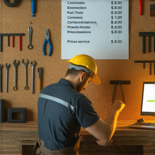 電工師傅正在進行維修服務，工具齊全，展示價格透明的標示，讓客戶了解服務的最新報價，彰顯信任與專業，歡迎即刻聯絡了解更多信息。