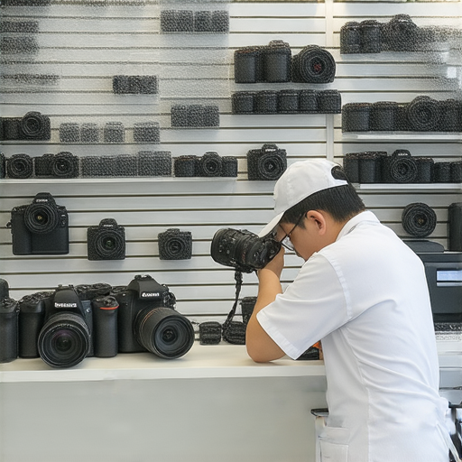 尖沙咀相機維修中心內部環境，顯示專業維修人員正在檢查相機，並提供詳細服務介紹及顧客評價，強調高品質維修技術與客戶滿意度。