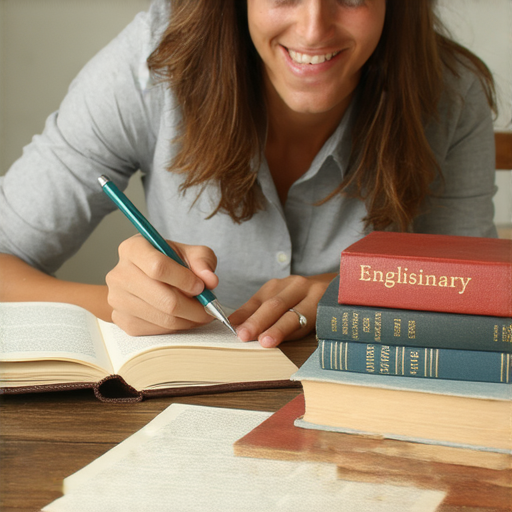 外籍老師一對一教學場景，學生專注學習英文，桌上有英文字典和筆記本，搭配書籍和筆，展現流利說英文的學習氛圍，立即預約開啟你的學習之旅！