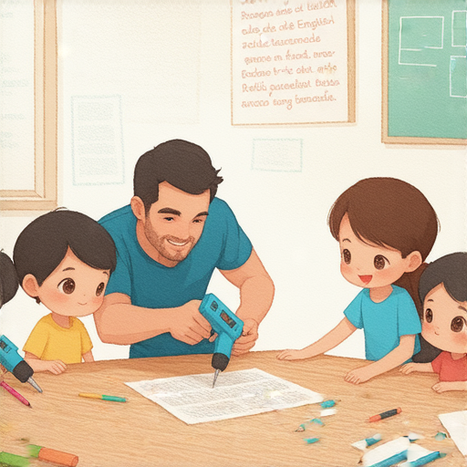 解密玻璃膠槍的過程中，外籍老師與學生互動，學習DIY技巧的場景，強調學英文的重要性，提升技能，立即報名一對一教學，掌握生活的秘訣。