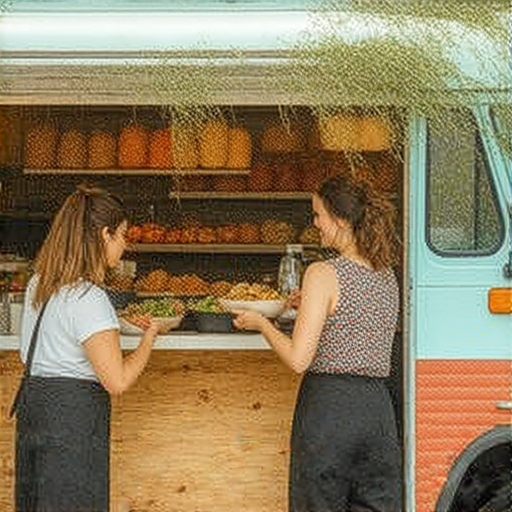 餐車文化的探索圖片，展現各國美味料理和餐車風格，背景是熱鬧的市集，吸引遊客的注意，適合提升英語對話能力的學習環境。