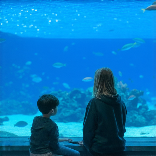 一位外籍英文老師與學生在魚缸旁進行一對一學習，探索魚類的奇妙世界，學生專注聽講，背景中多彩的魚類在水中游弋，展現生動的水下生態。