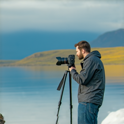 攝影師使用相機腳架拍攝風景，腳架穩固並配有UV鏡，提升畫質表現，展示如何正確使用相機配件解鎖攝影新高度。